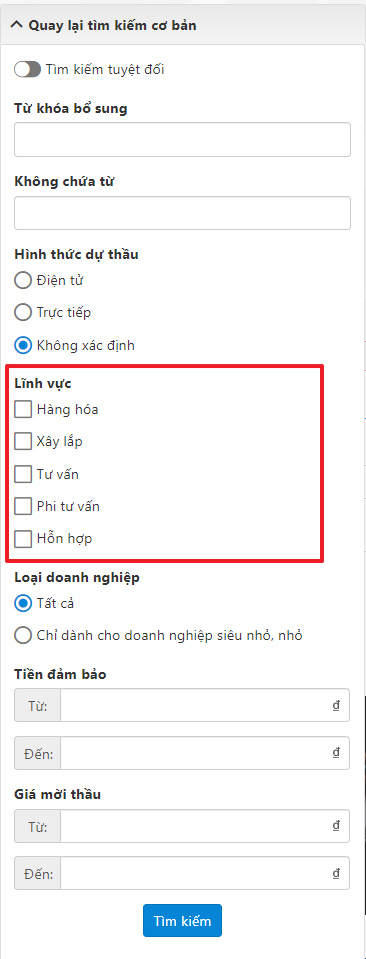 chức năng tìm kiếm nâng cao trên dauthau.info